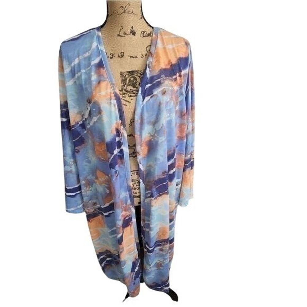 New York Laundry Womens 3X Abstract Watercolor Blue Orange Longline Cardigan New